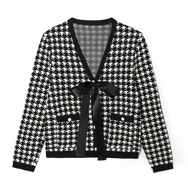 

2021 new streetwear women plaid sweaters fashion ladies satin bow knitted elegant female v-neck pocket button pullovers 45br 39ec, White;black