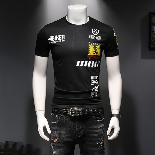 

summer new trendy handsome round neck short-sleeved t-shirt men's personalized flower version diamond pure cotton bottoming shirt, White;black