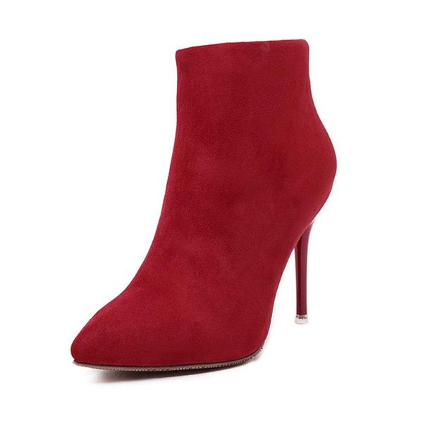 

boots flock short 2021 autumn winter women thin heels shoes female candy color suede side zip pointed toe ankle wb024, Black