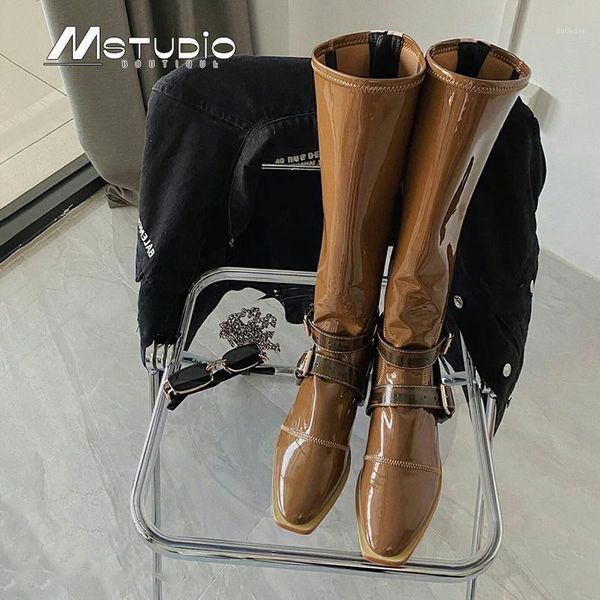 

fashion design 2021 women winter flats buckle strap boots square toe knee high boots patent leather long woman shoes1, Black