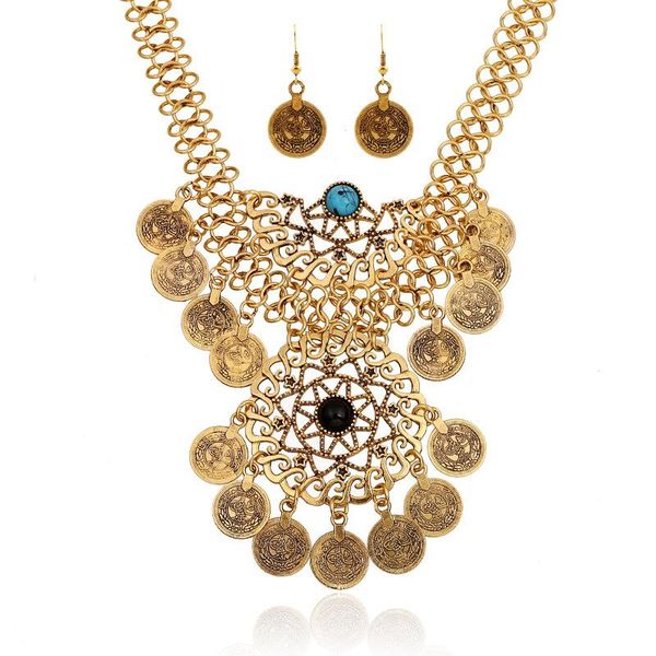 

lzhlq retro coin tassel necklace geometric hollow round blue stone necklace women brand wide metal chain jewelry accessories, Silver