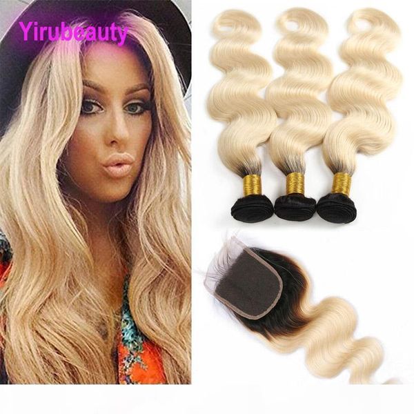 

brazilian human hair mink 1b 613# blonde body wave 3 bundles with 4x4 lace closure middle three part body wave wefts with closure, Black;brown