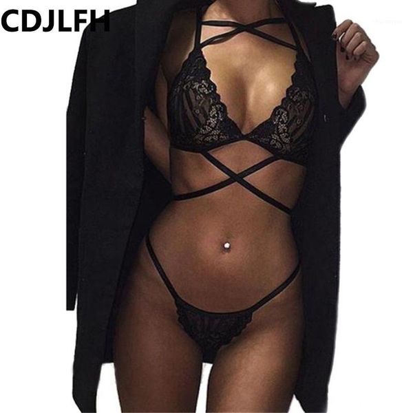 

2pc lingerie 2019 underwear women lolita bandage lace bra and panty set bralette female transparent fascinated g-string1, Red;black