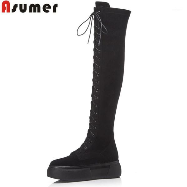 

asumer 2020 autumn winter boots round toe zip flat with platform over the knee boots lace up stretch fabric+cow leather1, Black