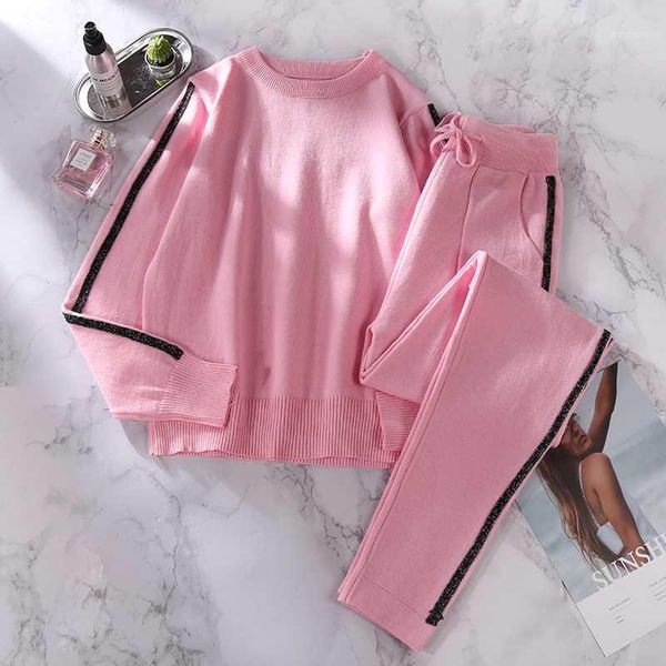 

amolapha women winter glittering striped sweaters pants set knitted long sleeve pullover trousers 2-piece suit1, Gray