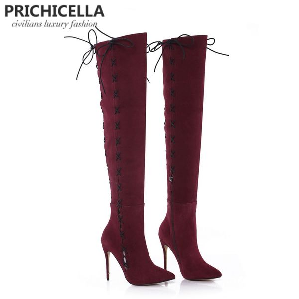 

prichicella redwine genuine leather side lace-up thigh boots stiletto heels autumn winter high booties lj201030, Black