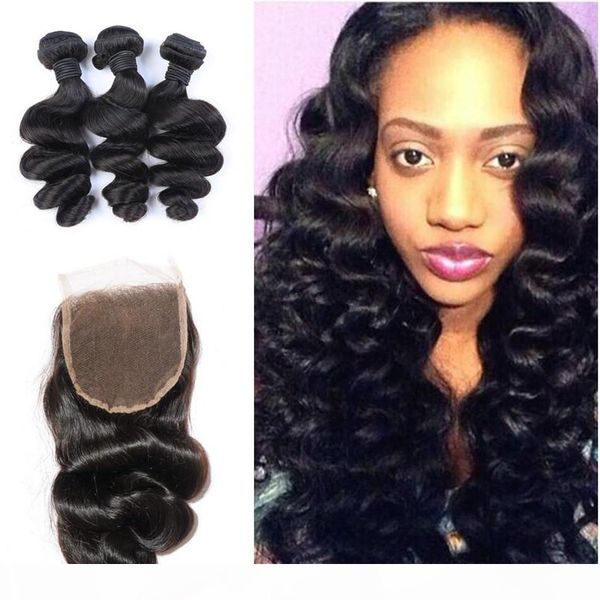 

brazilian virgin hair 3 bundles with lace closure loose deep wave hair with lace closure loose wave lace closure with bundles, Black;brown