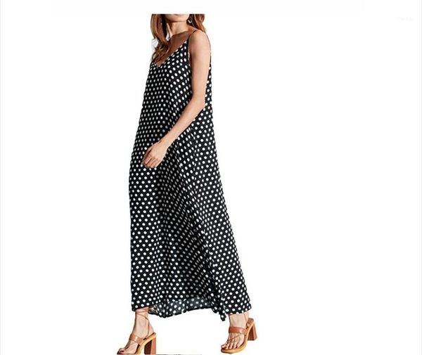 

women dresses 2018 summer dress polka dot print v neck sleeveless sundress plus size loose maxi long beach bohemian vintage dres1, White;black