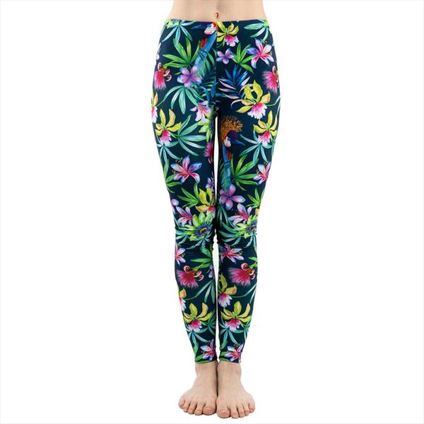 

fashion women trend green floral leaf flower pattern leggings elasticity fitness slim bottoms workout pants, Black