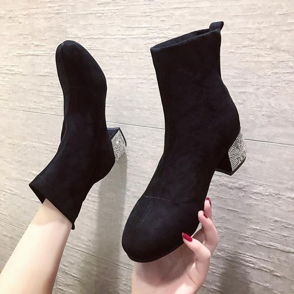 

single boots women's thin boots short bounce sos chunky heel spring autumn short women's shoes lady shoes -40, Black