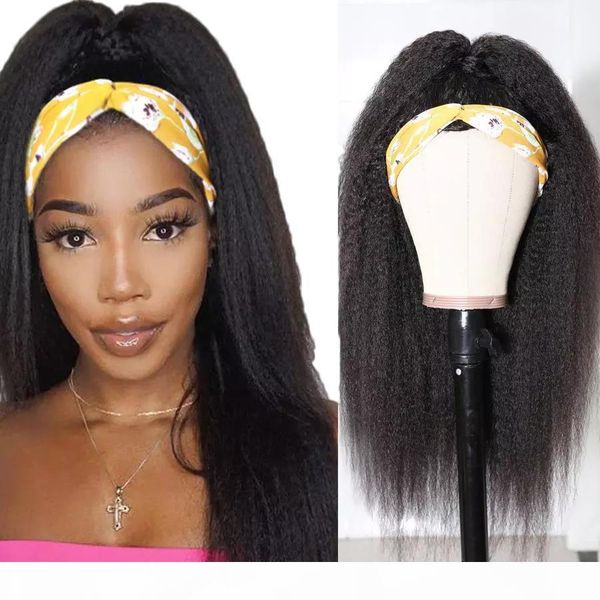 

headband wig human hair peruvian kinky straight human hair wigs for black women full machine made wig with headband, Black;brown
