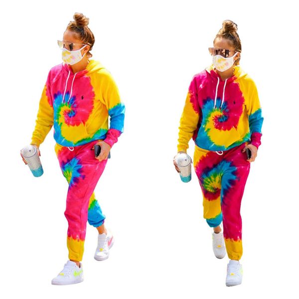 

women tracksuits plus sizes tie-dye designers long sleeves hooded sweater pullover with pocket pants casual sports suits s-3xl g11805, White