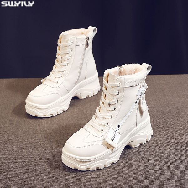 

swyivy white shoes winter warm sneakers for women snow boots velvet fur winter female ankle boots platform causal shoes fur 201020, Black
