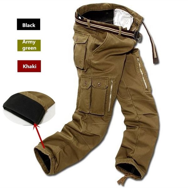 

men fleece cargo pants winter thick warm pants full length multi pocket casual military baggy tactical trousers plus size 29-40 201110, Black