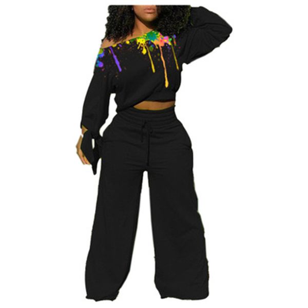 

women paint inkjet suits clothes fashion trend long sleeve tie drawstring wide legs pant sets designer female autumn casual tracksuits, Gray