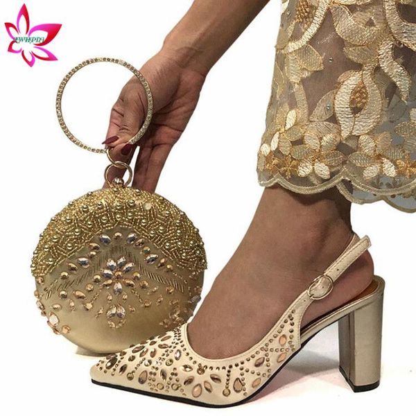 

retro style 2020 selling shoes and bag set in gold color women special decorate with rhinestone for wedding, Black