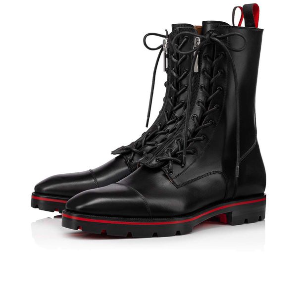 

winter men ankle boot troopi high red bottoms boot calfskin leather grained round toe lace-up rubber end outdoor scale mountain combat boots, Black