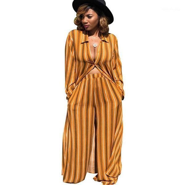 

two piece dress women's striped chiffon sets leisure trouser suits loose x-long shirt and wide leg pants set autumn matching sets1, White