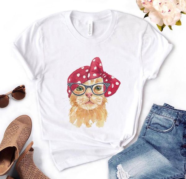 

cat bow print women tshirt cotton casual funny t shirt gift for lady yong girl tee pm-66, White