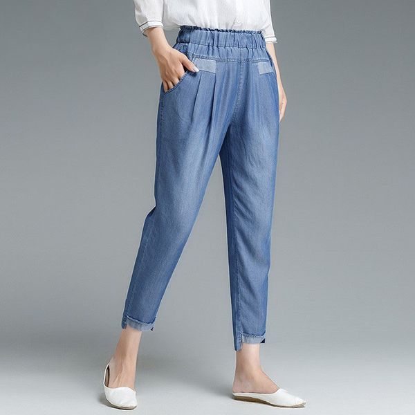 

summer women casual elastic waist harem pants elegant office ladies high waist denim trousers femme plus size jogger loose jeans, Blue