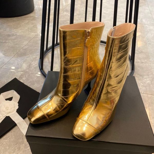 

women's boots fashion design women's shoes genuine leather boots for woman low heels winter gift box gold1, Black