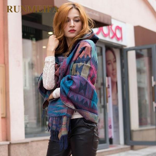 

новый дизайн женская зимняя bohemian с капюшоном пальто мыс пончо шали шарф имитация cashmeretribal fringe hoodie jacket подарки stock wmtbl, Blue;gray