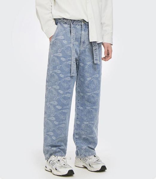 

fashion tide baggy jeans mens straight denim pants men autumn winter cowboy trousers vintage cashew flower print men's clothing, Blue