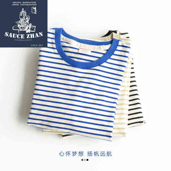 SauceZhan Free Shipp Marineblau gestreiftes Matrosen-T-Shirt Sommer 100 % Baumwolle gestreiftes T-Shirt Lässiges männliches O-Ausschnitt-Matrosen-T-Shirt 310 g G1229