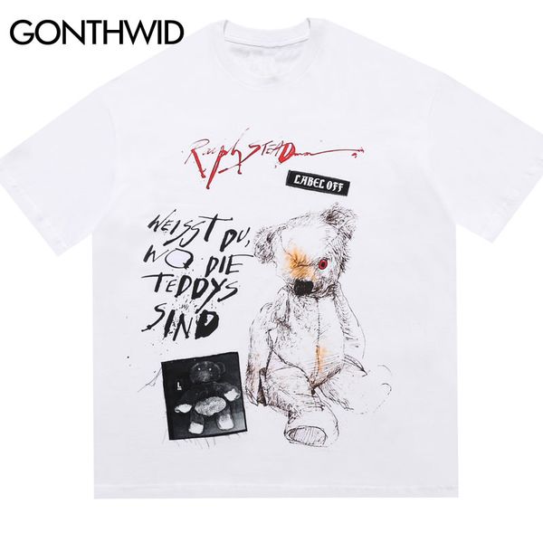

graffiti bear oversized tees shirts streetwear hip hop punk rock gothic short sleeve tshirts mens summer casual, White;black