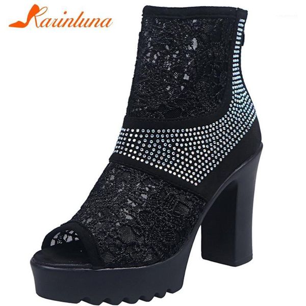 

sandals karin female solid open toe platform zipper rhinestone high heels women lace summer shoes1, Black