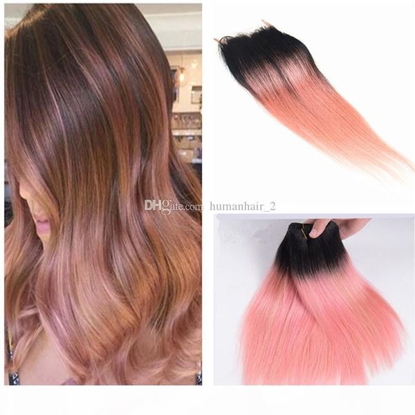 

two tone 1b pink dark root pink ombre 13x4 full lace frontal closure with 3 bundles virgin peruvian straight human hair extensions, Black;brown