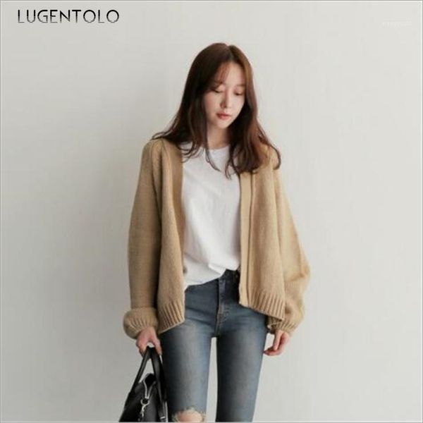 

lugentolo ladies sweater autumn new simple knit short section han fan jacket loose solid color cardigan sweater1, White