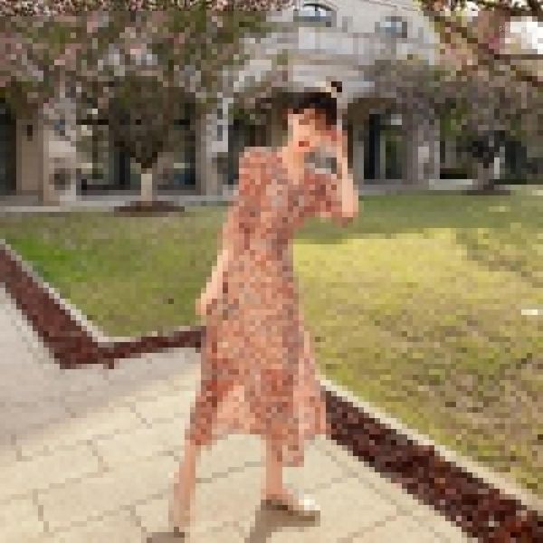 

v-neck floral dress women dresses summer 2020 long chiffon women dress plus size1, Black;gray