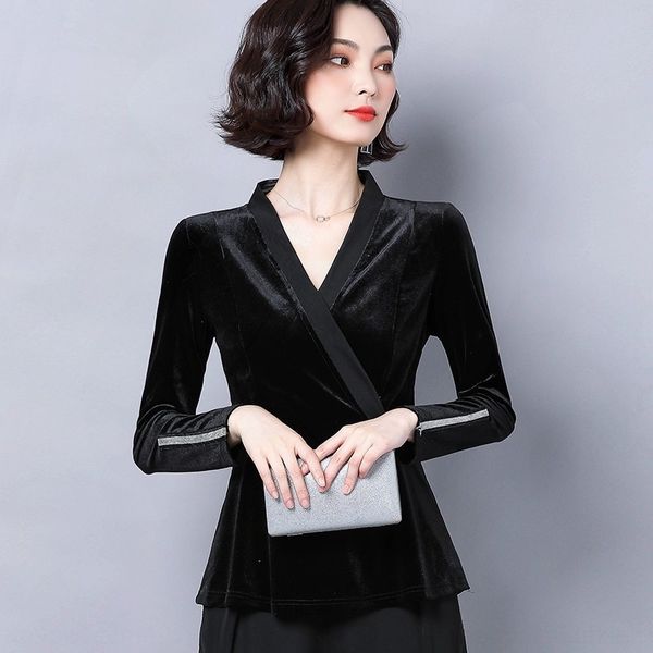 

sq6k9 черный v-образный вырез вельвет талии женских женщины тонких футболки топ топ осень 2019 внешней моды для стиля футболка европейского, White