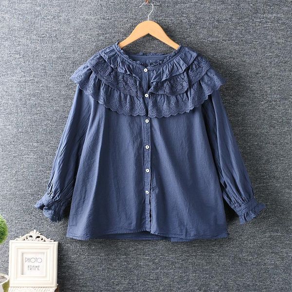

2020 new autumn women blouse japan style mori girl fresh embroidery lace long sleeve cotton loose shirt 1, White