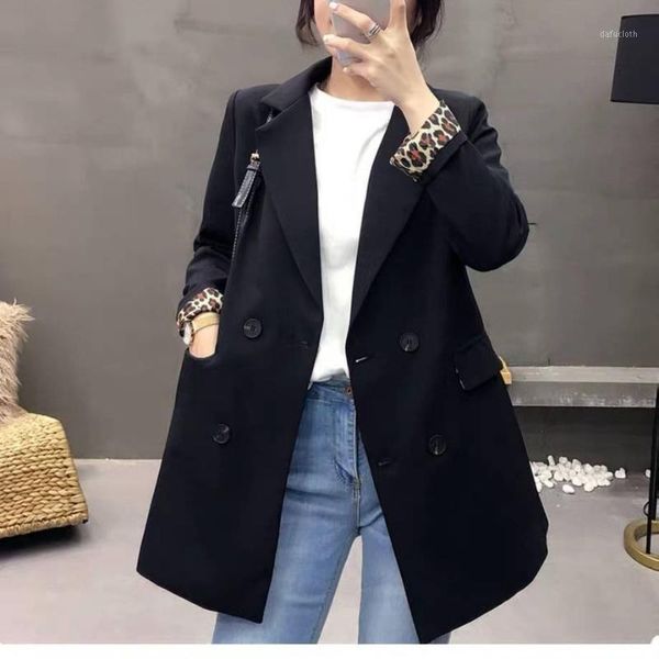 

woman coat autumn and winter new retro loose jacket clothes casual british small suit fashion leopard cuff coat female1, White;black