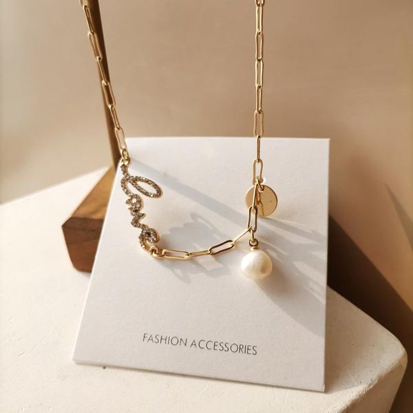 

chokers korean simple letter love necklace temperament delicate pearl choker sweet women ins wind trend collarbone chain, Golden;silver