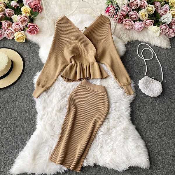 

sedutmo autumn sweater skirt two piece set women sequins knitted and skirt suit slim elastic v neck basic set ed1304, Gray