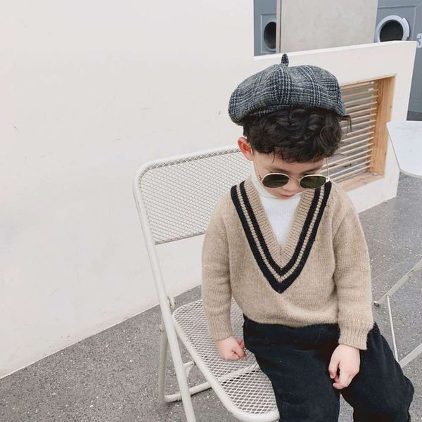 

2021 children's spring new product boys' big v-neck fake two sweaters baby high neck sweater, Blue
