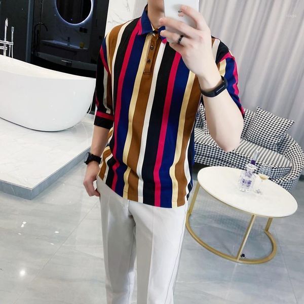 

men's five-point sleeve shirt 2020 spring and summer new handsome vertical striped lapel shirt young fashion men's clothing1, White;black