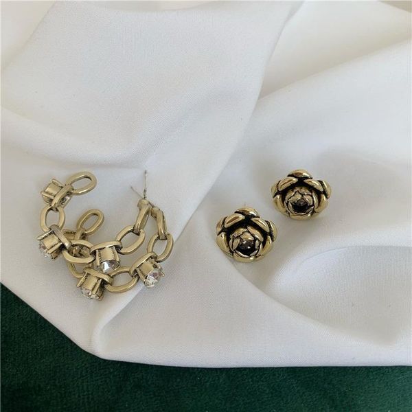 

hoop & huggie orgin summer vintage bronze rose c shape chain earrings for women high street hollow rhinestone party jewelry, Golden;silver