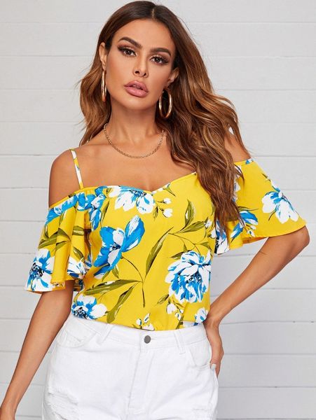 

cold shoulder floral print b7gn#, White