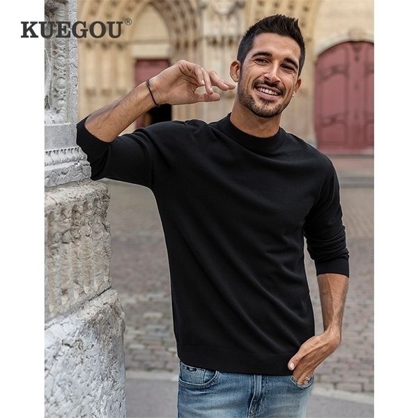 

kuegou clothing solid color mens sweater semi-high collar stretch fashion warm sweaters turtleneck plus size yyz-2208 201202, White;black