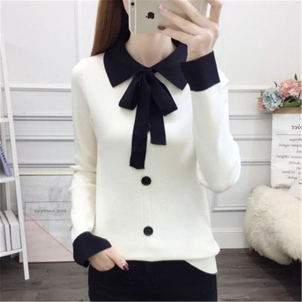 

women's sweet bow lace up pullover long-sleeved button bottoming sweater pullover new popular butterfly collar sweater1, White;black
