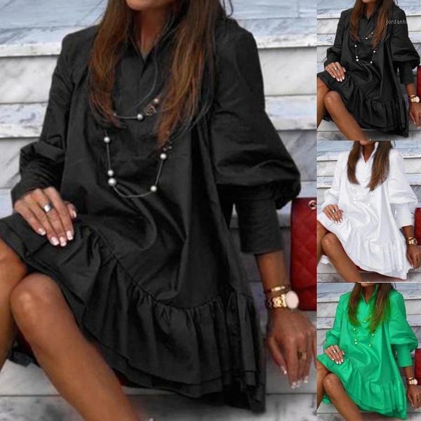 

women elegant solid color ruffle party dress autumn vintage lantern sleeve mini dresses ladies 2xl casual a-line dress vestidos1, Black;gray