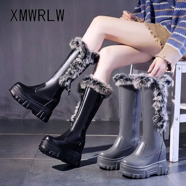

xmwrlw pu leather high boots for women winter shoes 2020 hidden heel ladies warm plush boot rubber sole women winter high boots1, Black