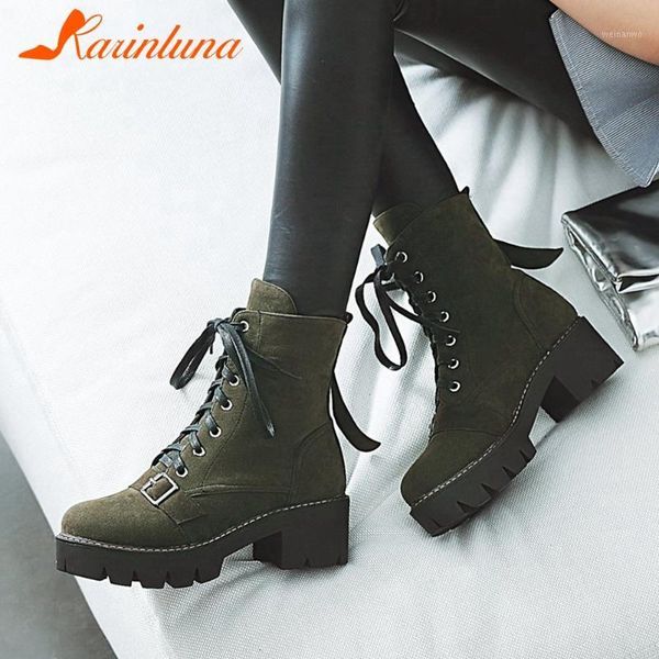 

2021 new brand stylish female shoes classics round toe big size 43 buckle straps shoelace solid flock ankel boots women shoes1, Black
