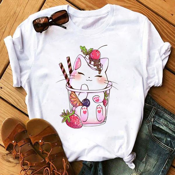 

summer t shirts women streetwear cat shirts graphic tees korean clothes graphic tee women t shirt 90s fashion short sleeve shirt, White