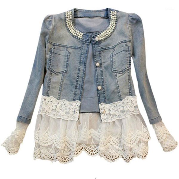 

2020 vintage jeans jacket women casacos feminino slim lace patchwork beading denim lady elegant jackets coat veste femme1, Black;brown