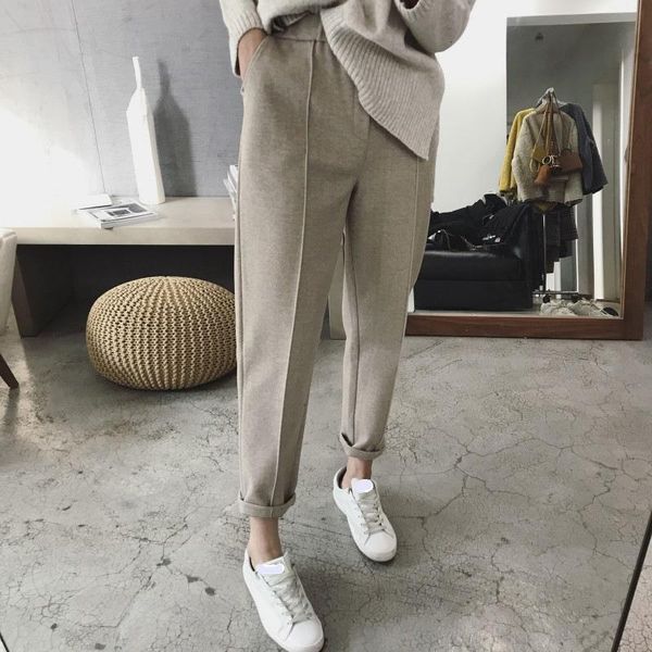 

autumn winter woolen women pants high waist solid thicken warm trousers harem pants for women plus size pencil pants capris, Black;white